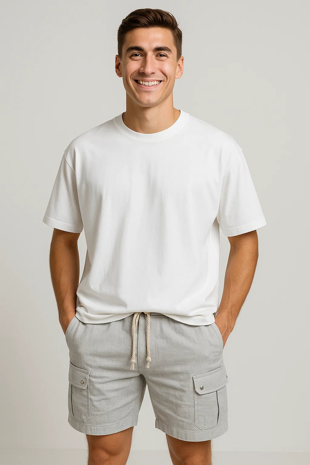 Trendy Summer Men's Linen Cargo Shorts - Light Gray