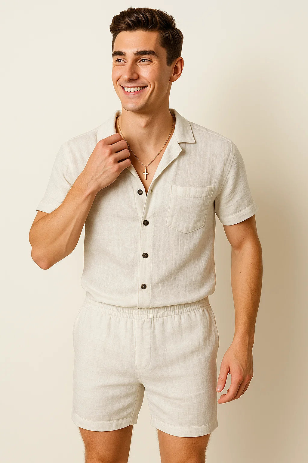 Modern Style Men’s Two-Piece Linen Set - White