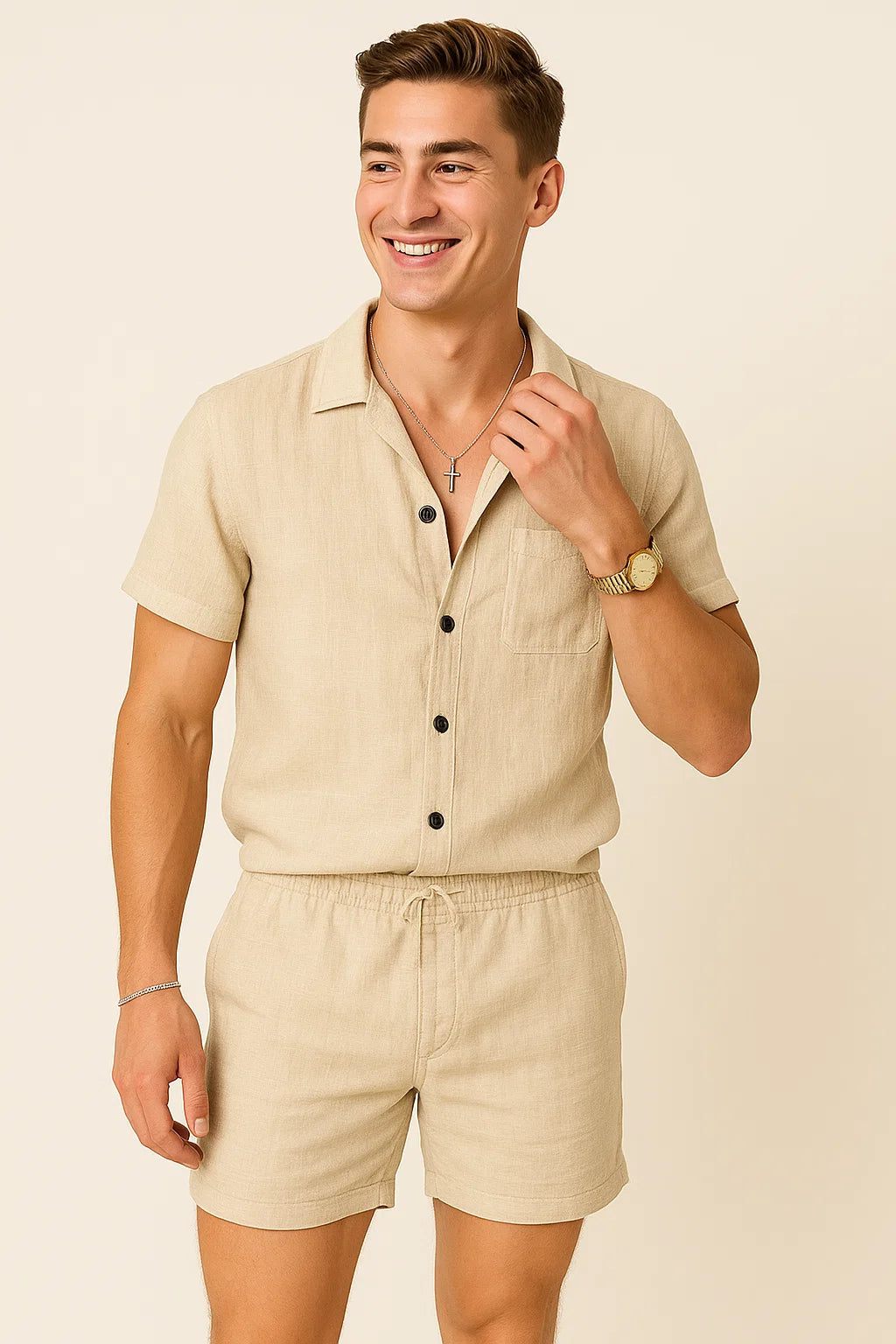 Modern Style Men’s Two-Piece Linen Set - Beige
