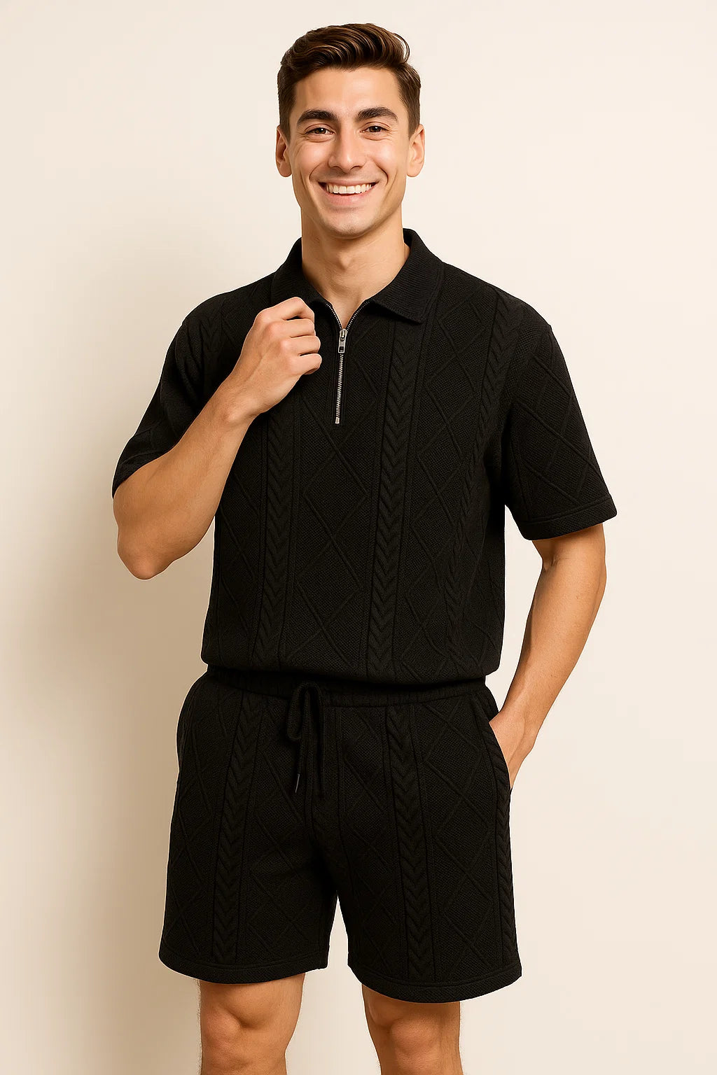 Trendy Men's Short Sleeve Casual Suit – Black