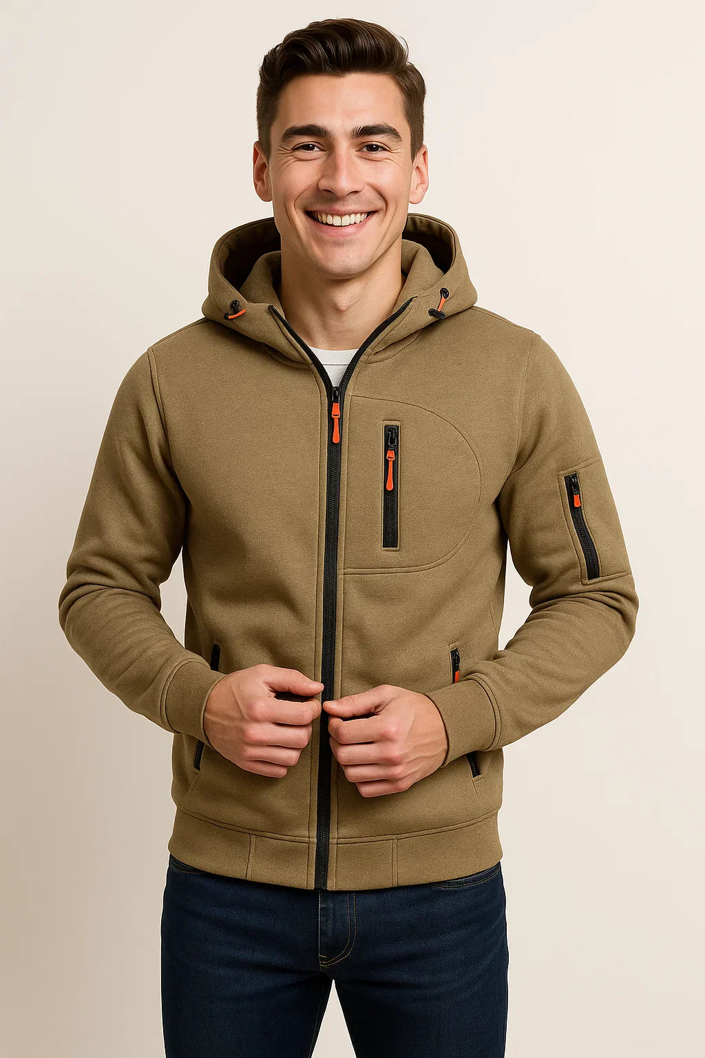 Men's Classic Hoodie with Zipper - Khaki