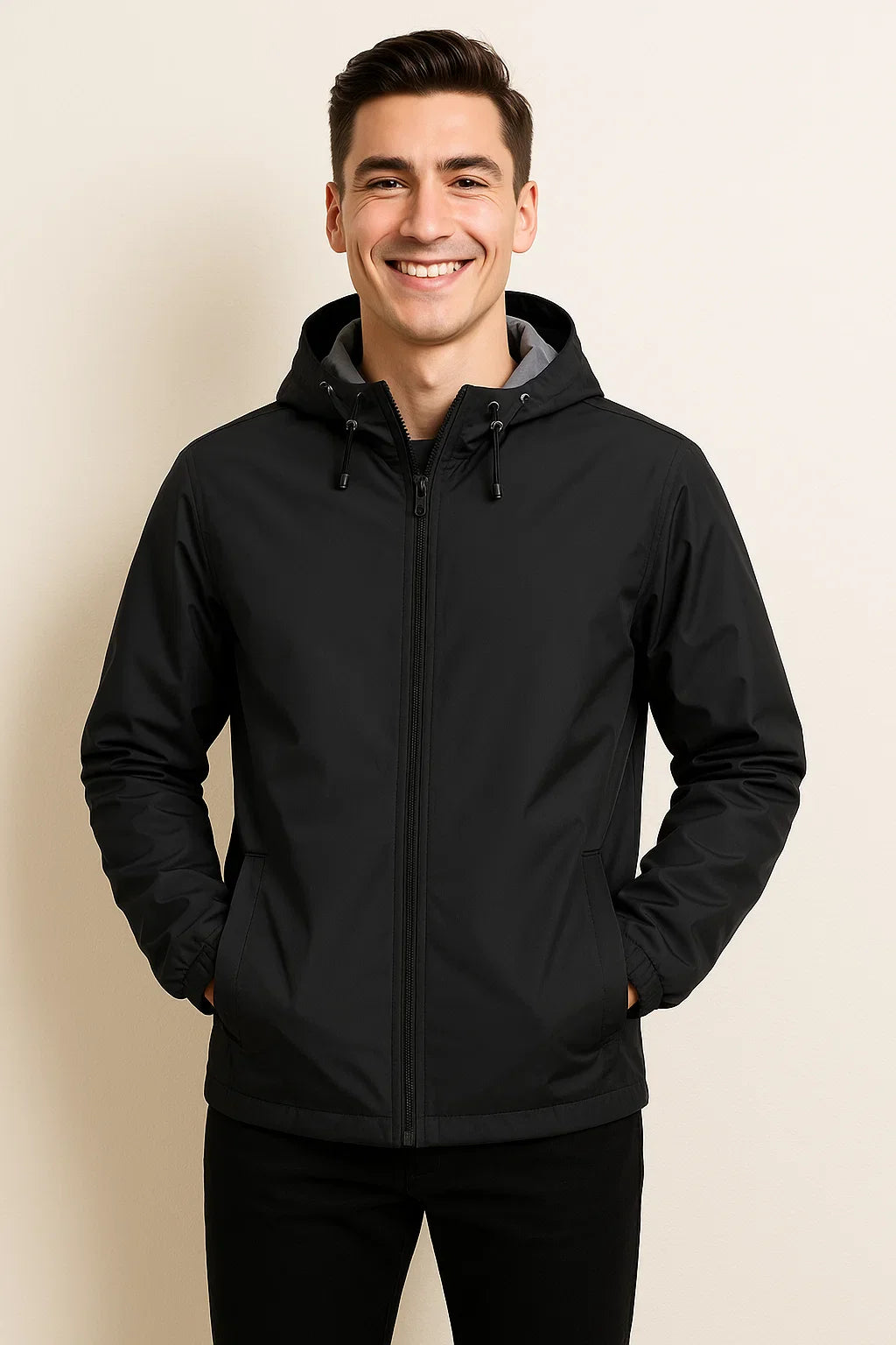 Men's Modern Style Winter and Fall Jacket with Hood - Black
