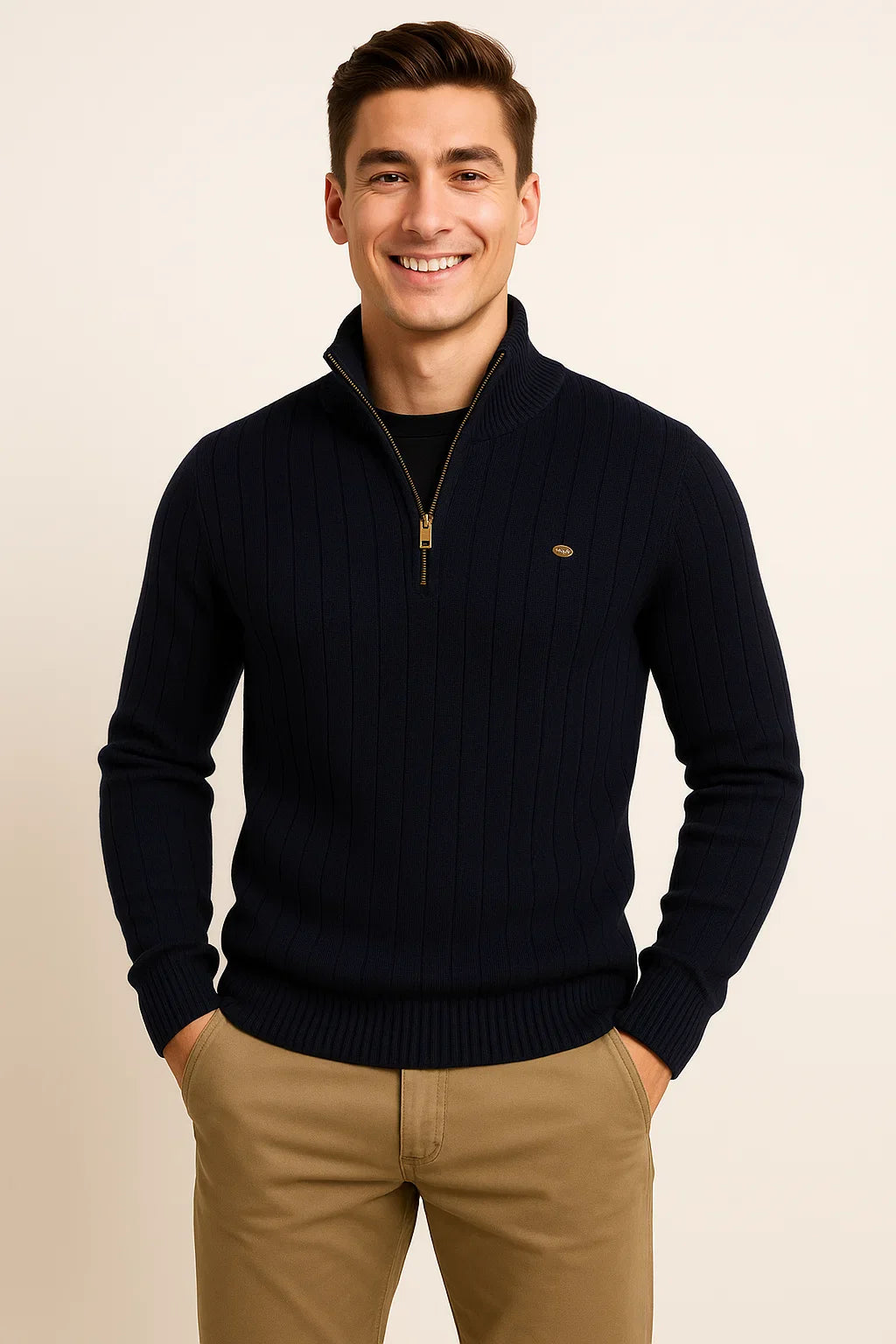 Men's Elegant Knitted Quarter-Zip Sweater - Black