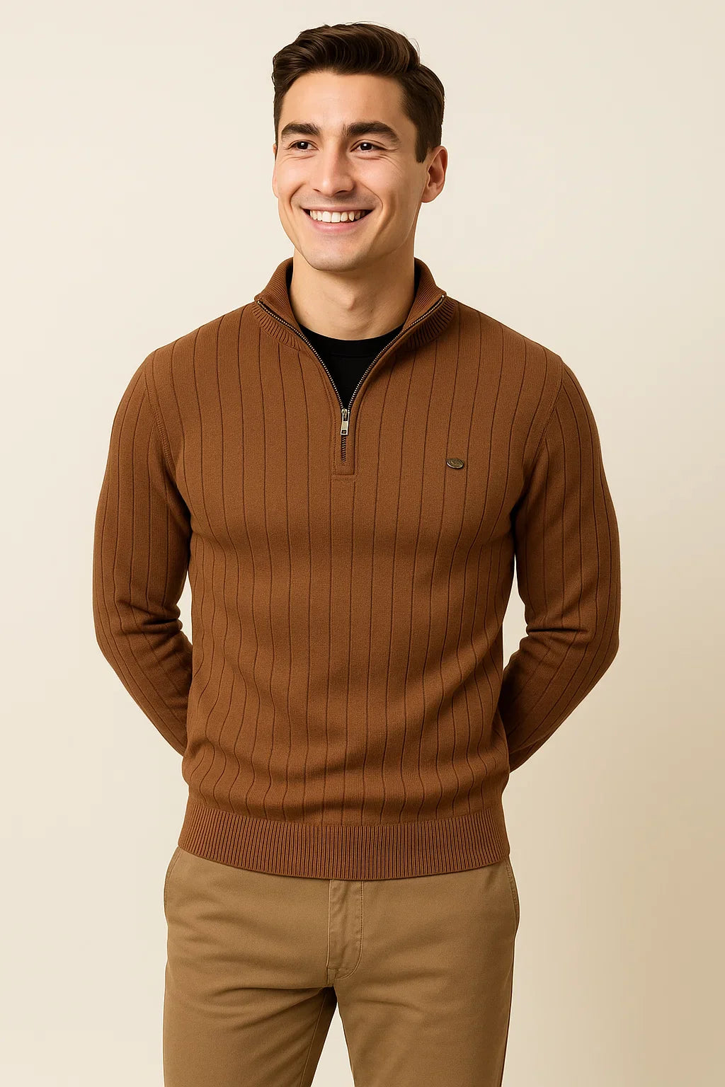 Men's Elegant Knitted Quarter-Zip Sweater - Brown