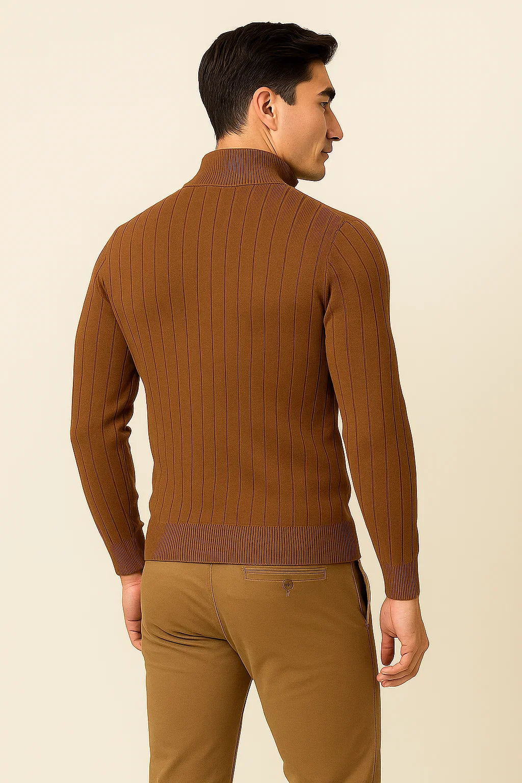 Men's Elegant Knitted Quarter-Zip Sweater - Brown