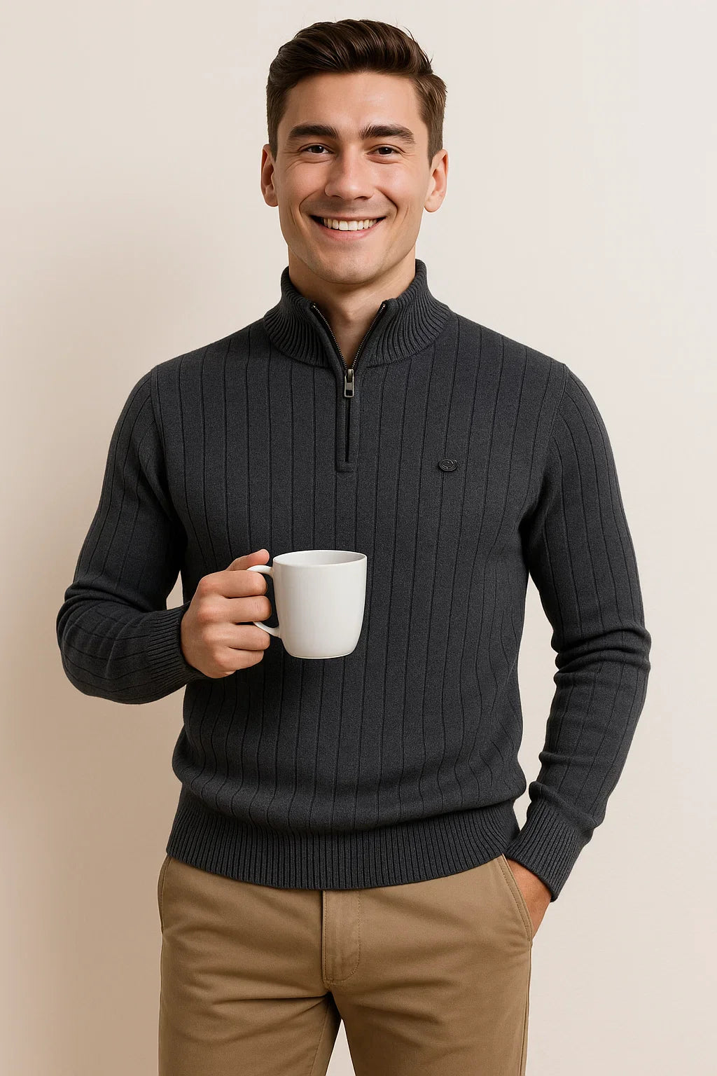 Men's Elegant Knitted Quarter-Zip Sweater - Dark Gray