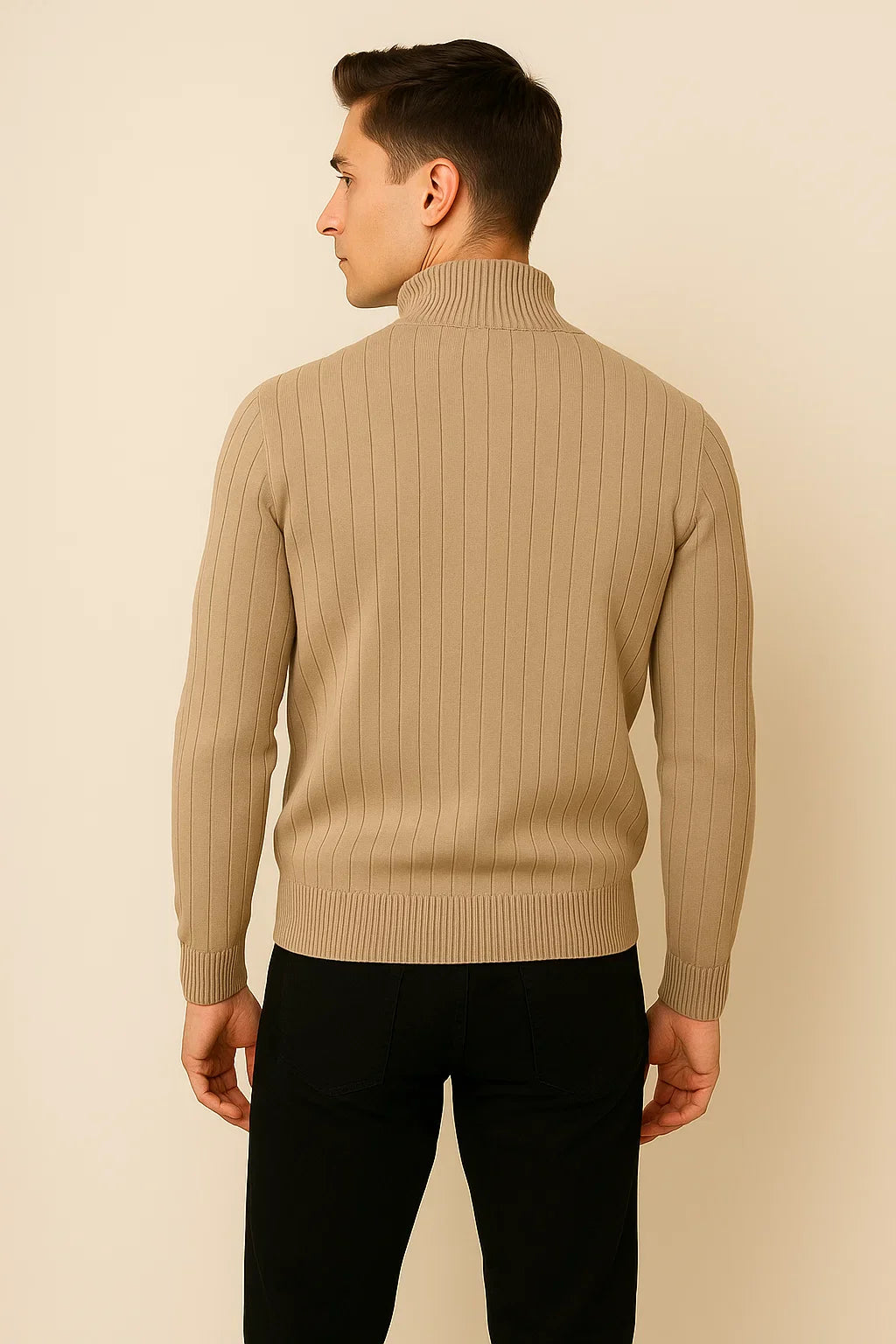 Men's Elegant Knitted Quarter-Zip Sweater - Khaki