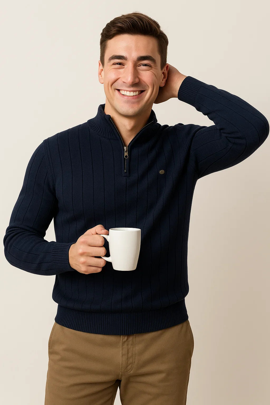 Men's Elegant Knitted Quarter-Zip Sweater - Dark Blue