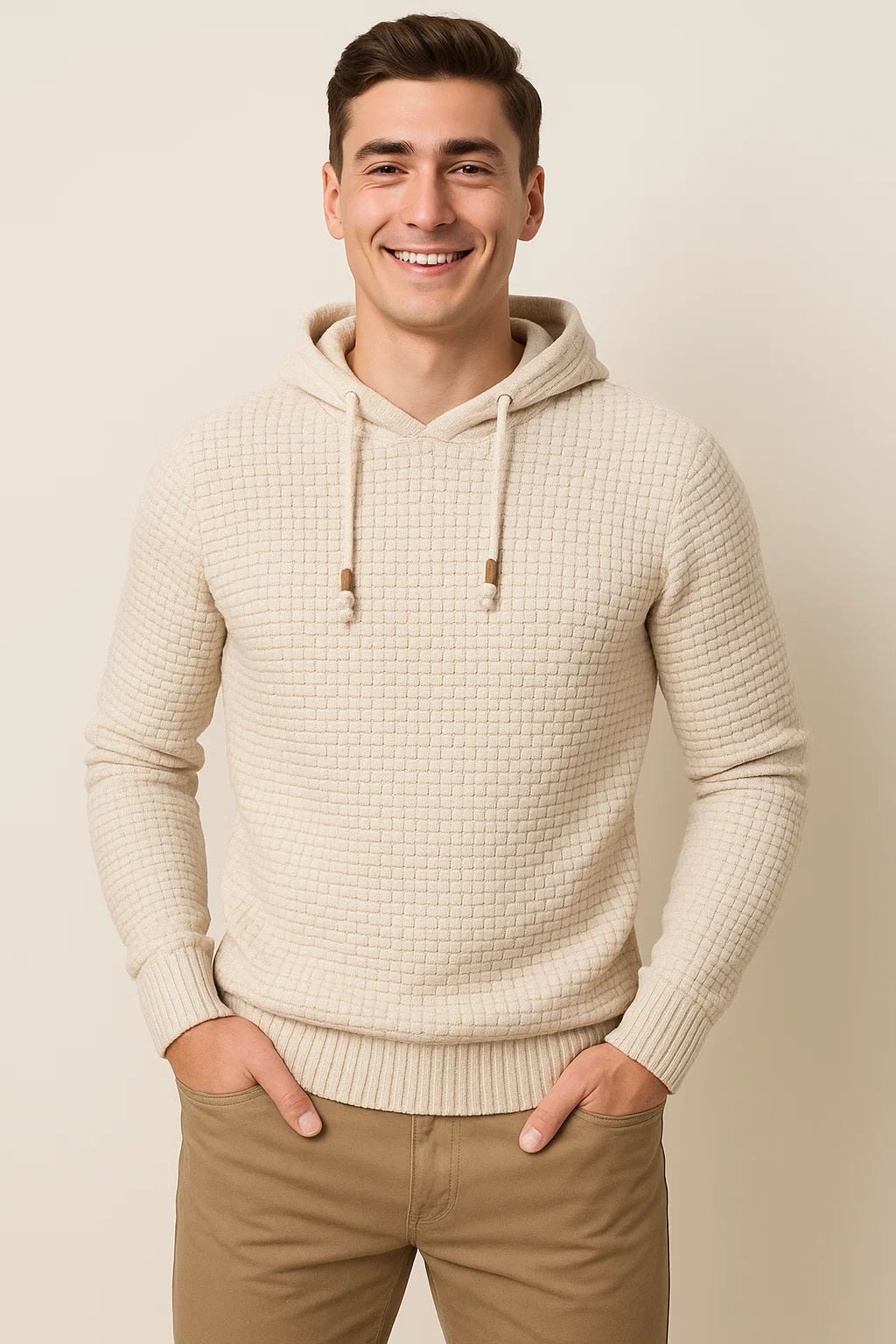 Men's Modern Style Textured Hoodie - Beige