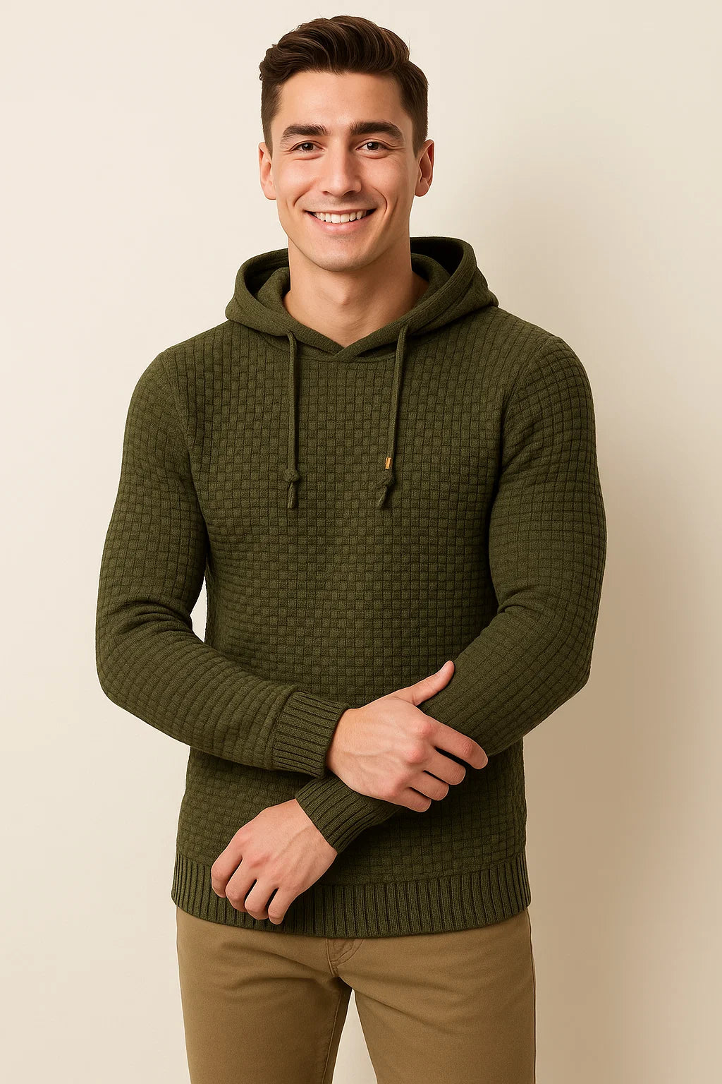 Men's Modern Style Textured Hoodie - Dark Green