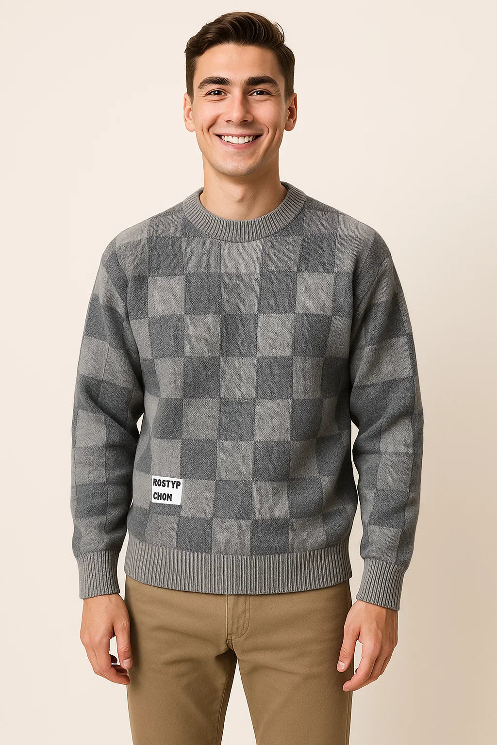 Men's Casual Checkered Oversized Sweater - Gray