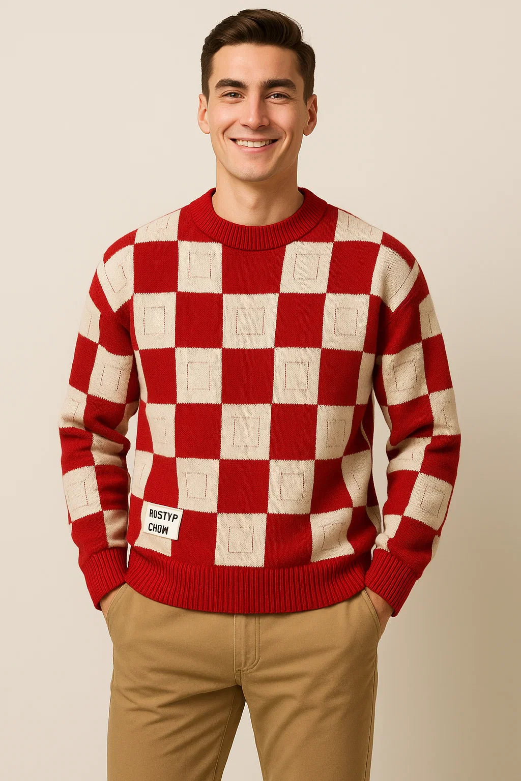 Men's Casual Checkered Oversized Sweater - Red