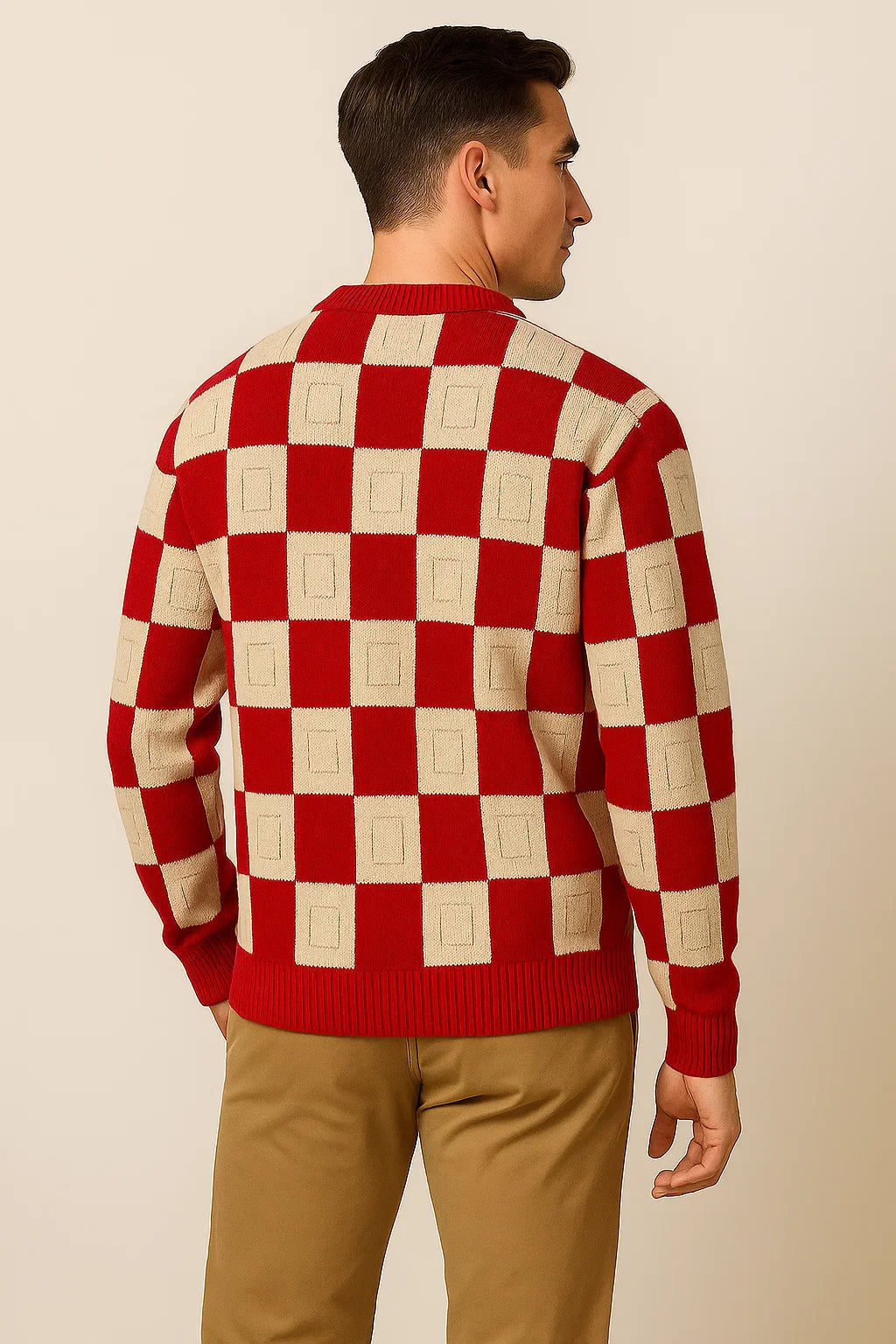 Men's Casual Checkered Oversized Sweater - Red