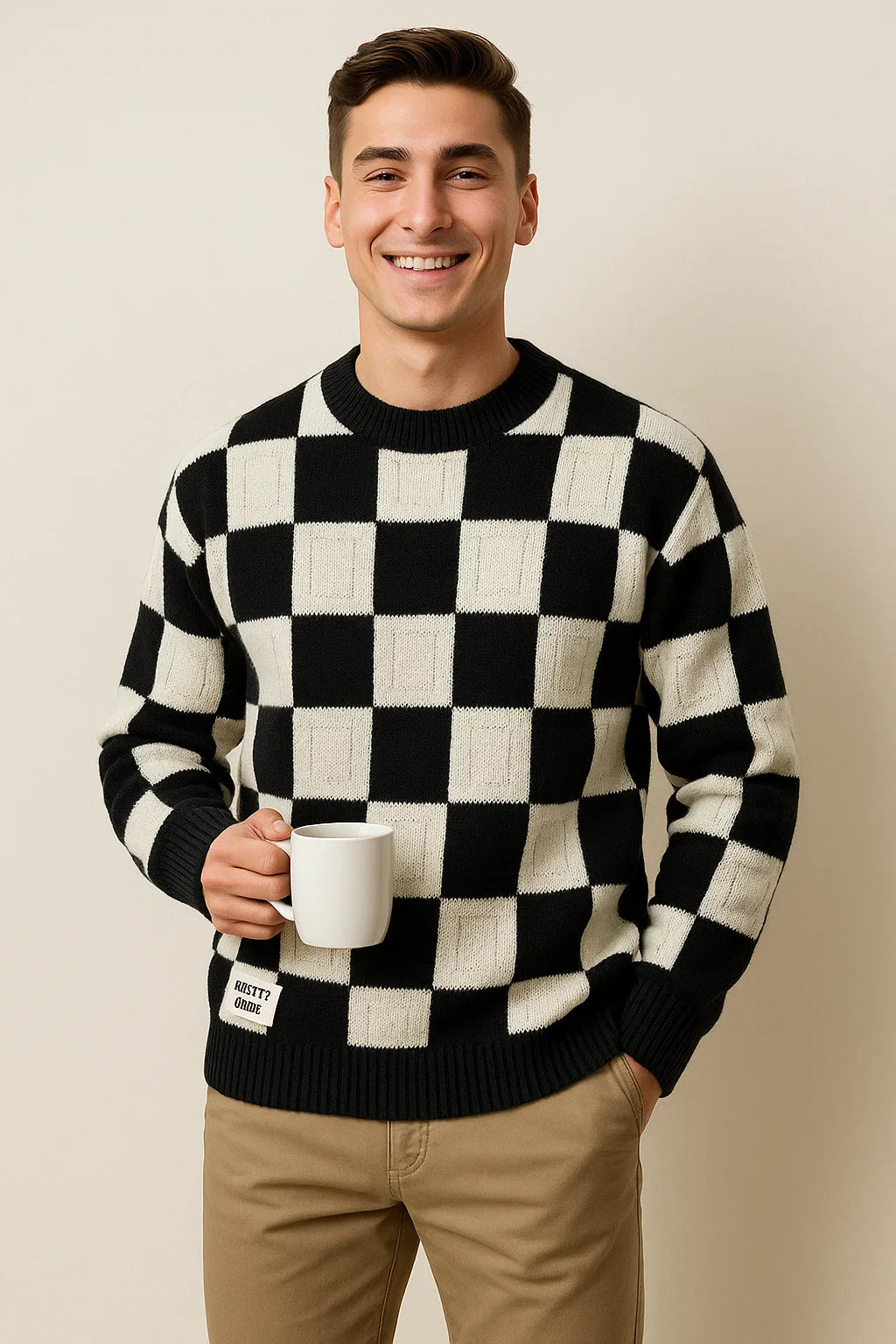 Men's Casual Checkered Oversized Sweater - Black