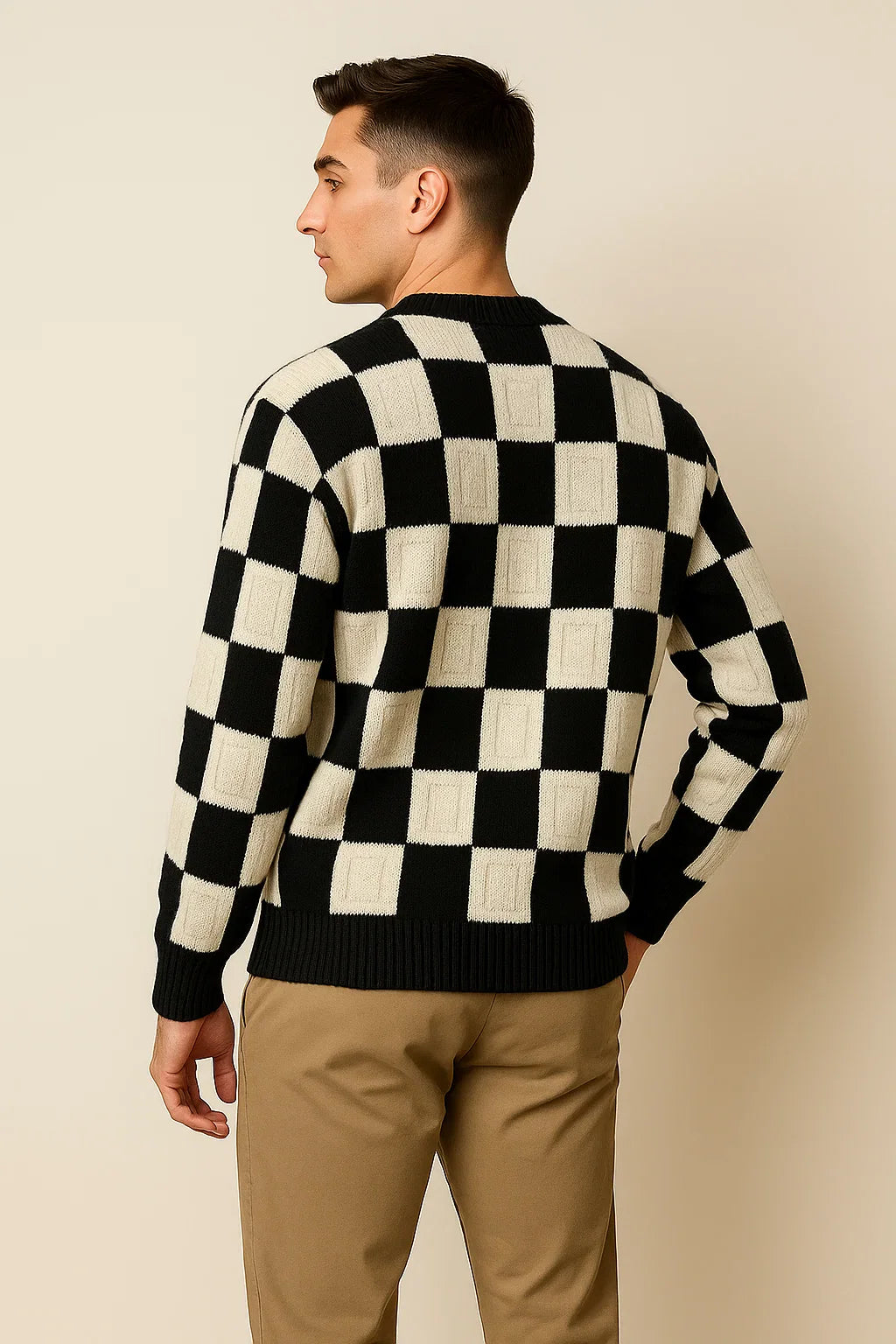 Men's Casual Checkered Oversized Sweater - Black