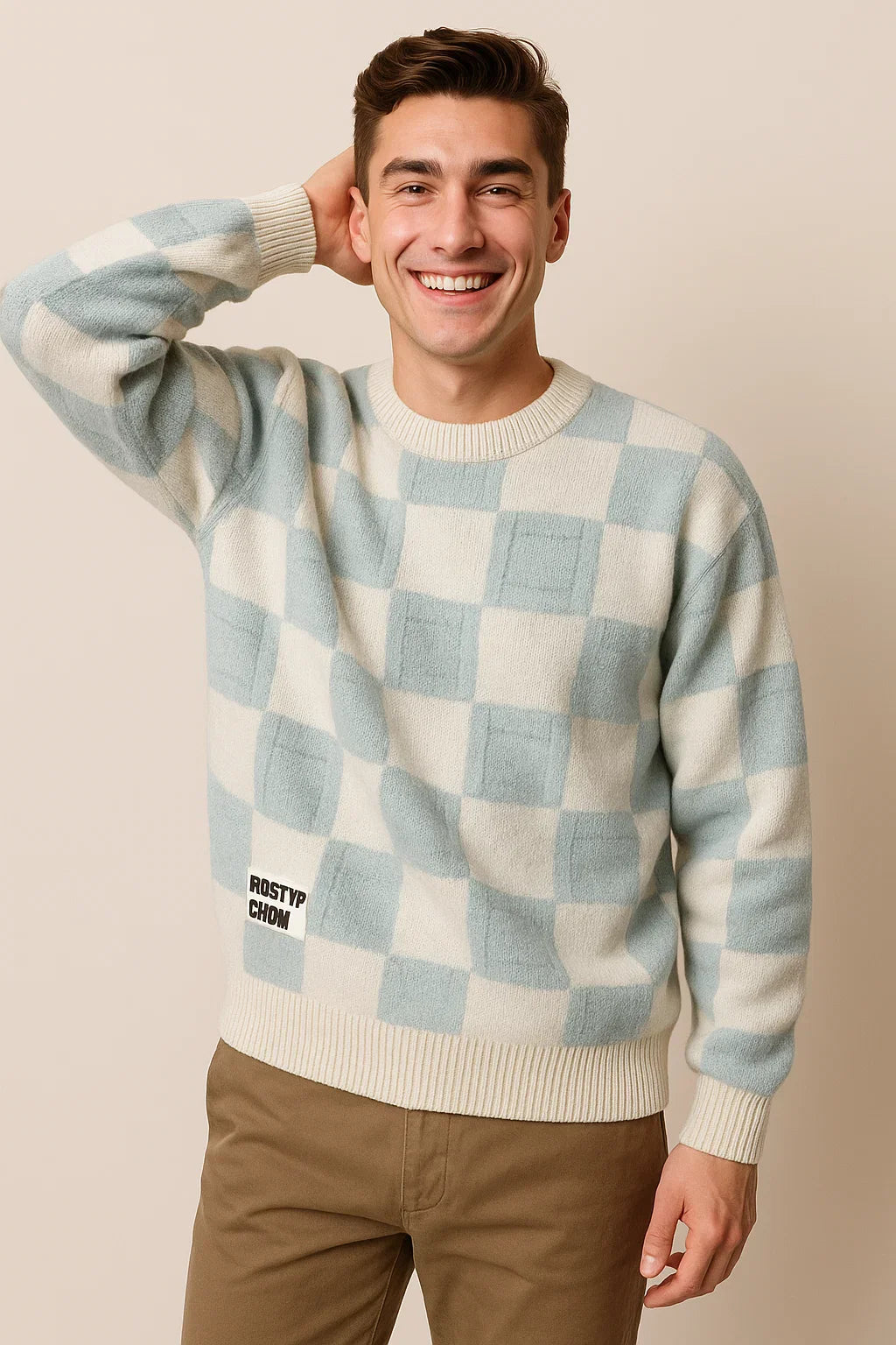 Men's Casual Checkered Oversized Sweater - Light Blue