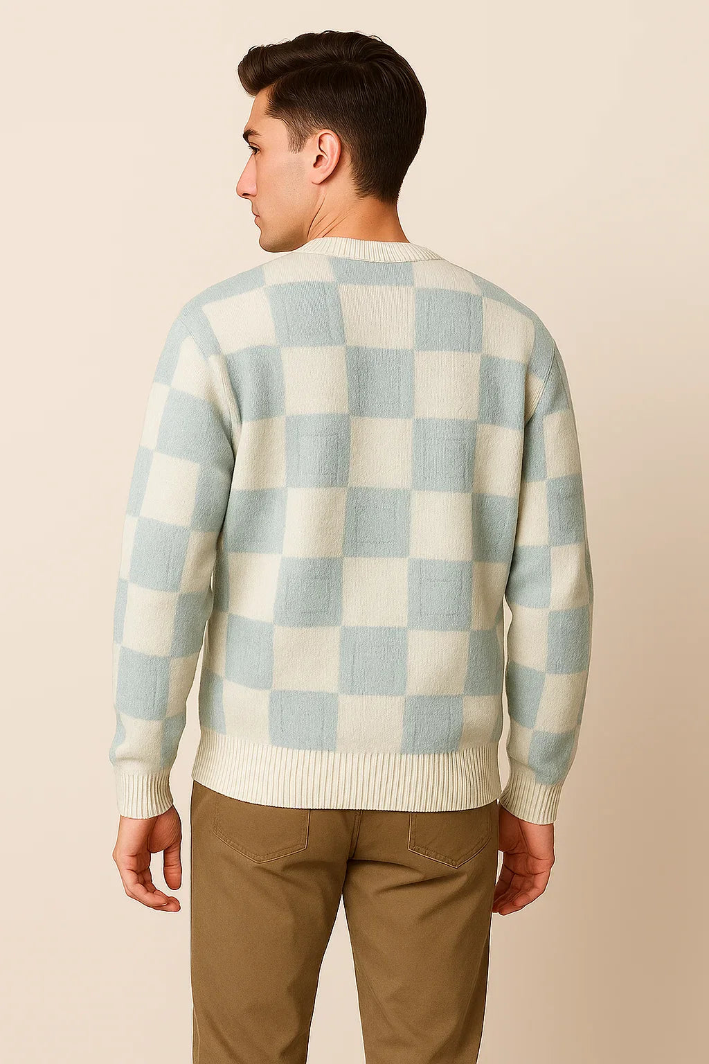 Men's Casual Checkered Oversized Sweater - Light Blue