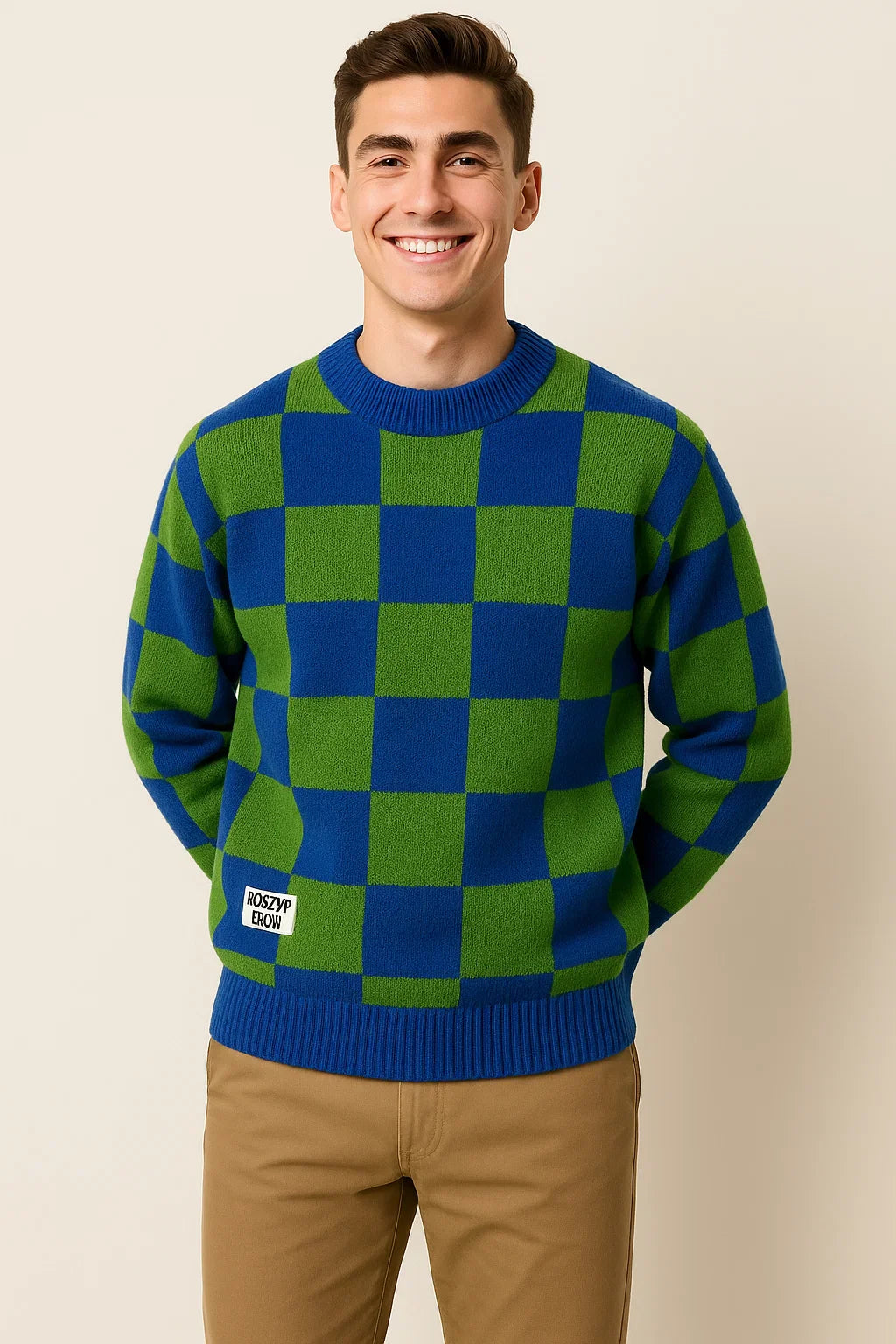Men's Casual Checkered Oversized Sweater - Green and Blue