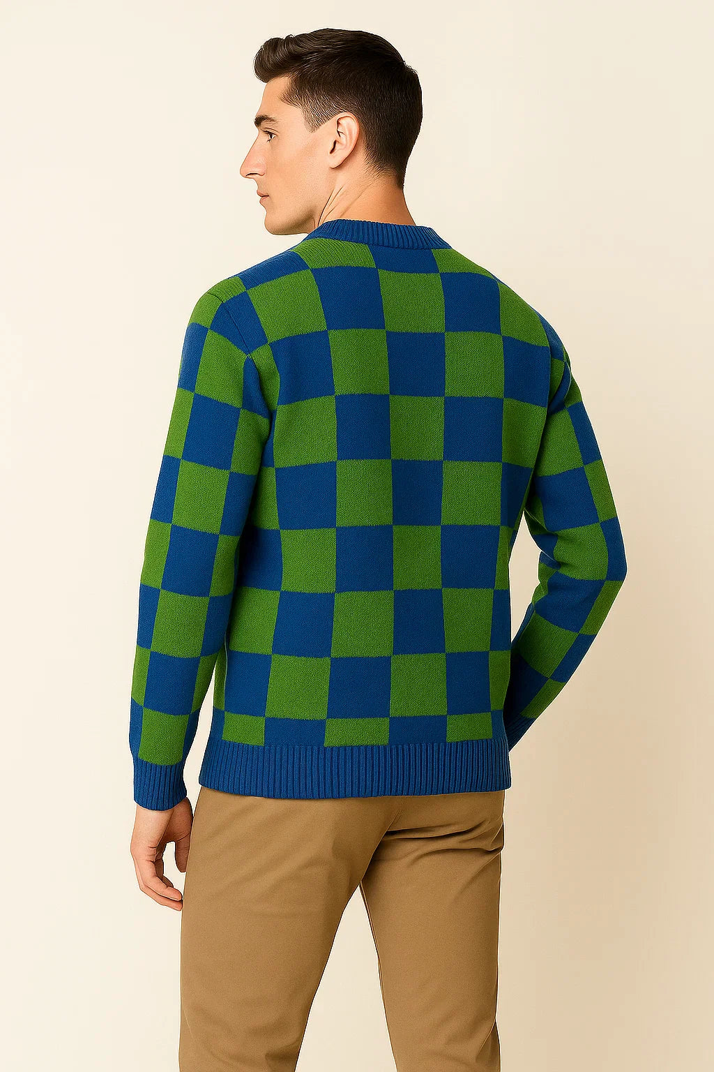 Men's Casual Checkered Oversized Sweater - Green and Blue