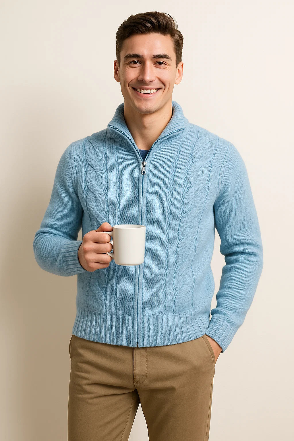 Men's Turtleneck Knitted Cardigan - Blue