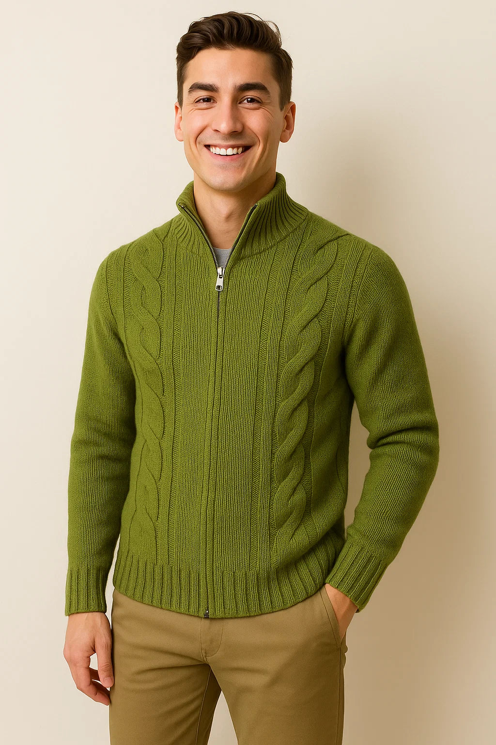 Men's Turtleneck Knitted Cardigan - Green