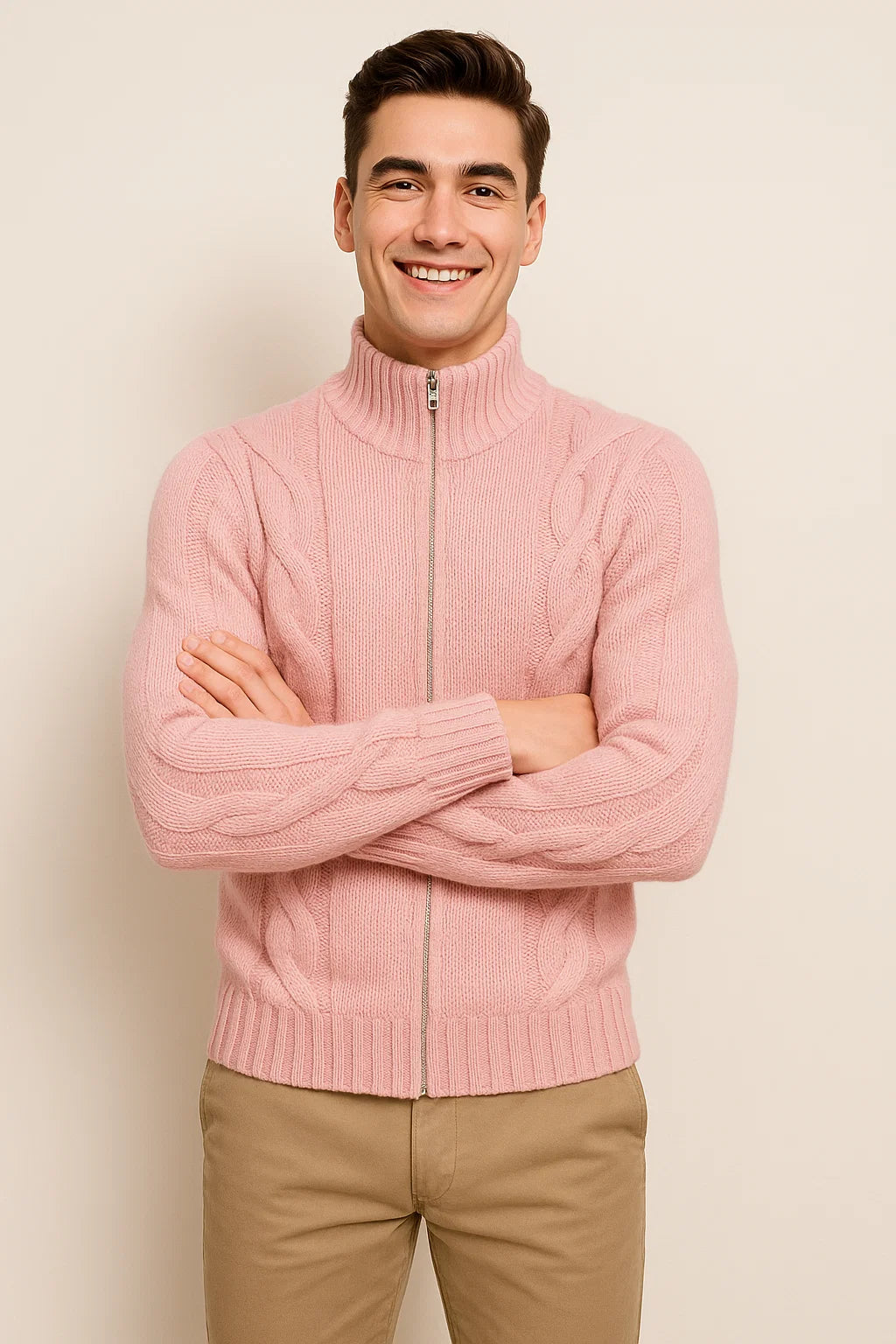 Men's Turtleneck Knitted Cardigan - Pink
