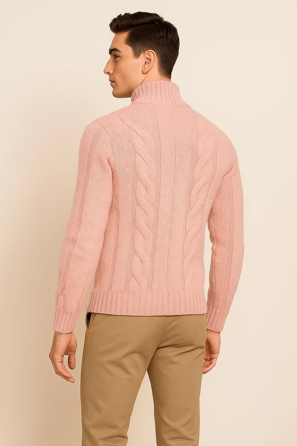 Men's Turtleneck Knitted Cardigan - Pink