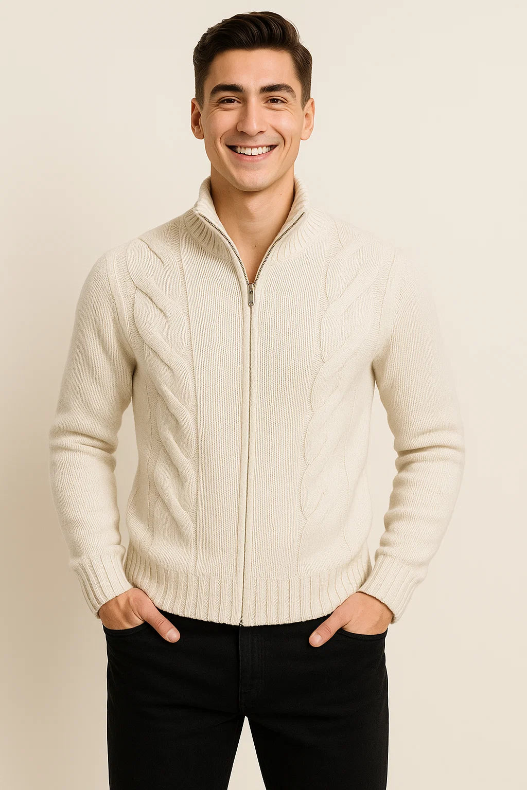 Men's Turtleneck Knitted Cardigan - White