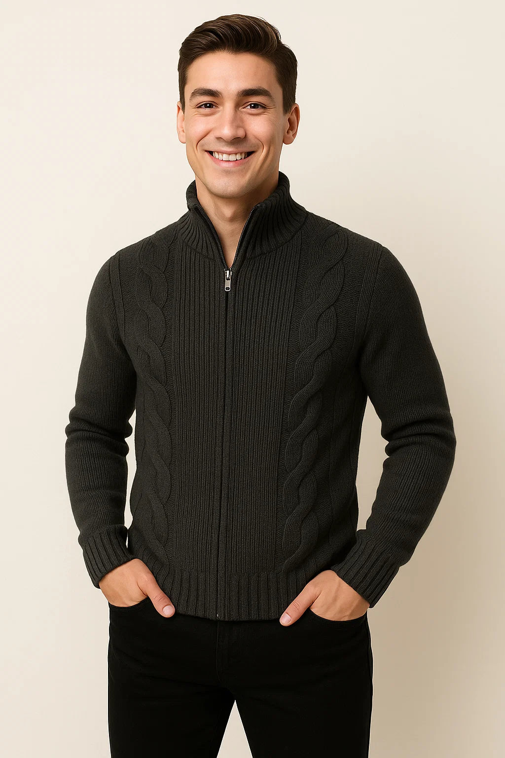 Men's Turtleneck Knitted Cardigan - Black