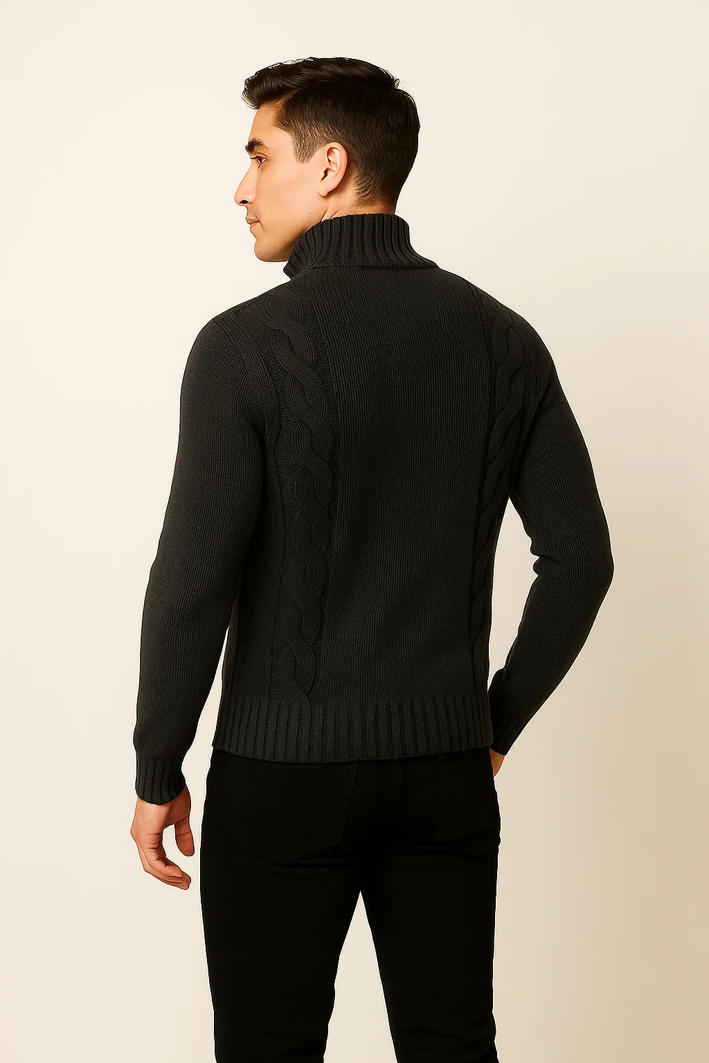 Men's Turtleneck Knitted Cardigan - Black