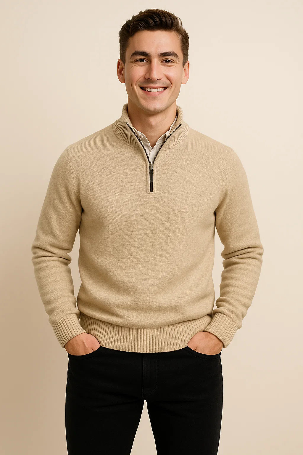 Men's Trendy Smart-Casual Zip-up Sweater - Beige