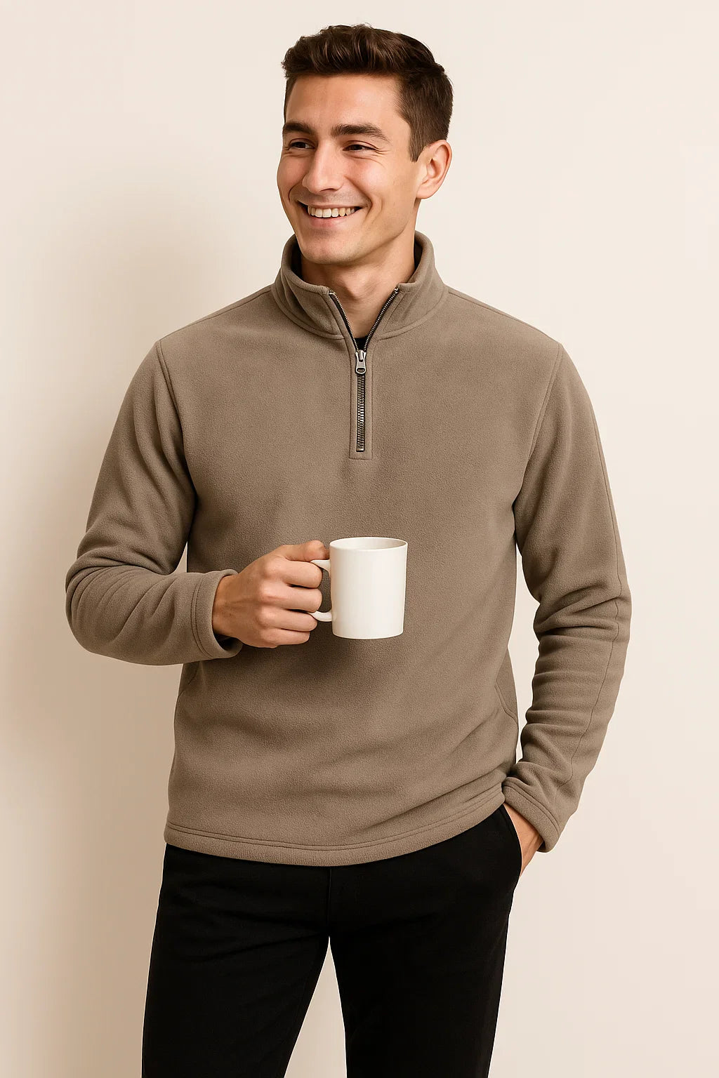 Men's Modern Style Fleece Sweater - Beige