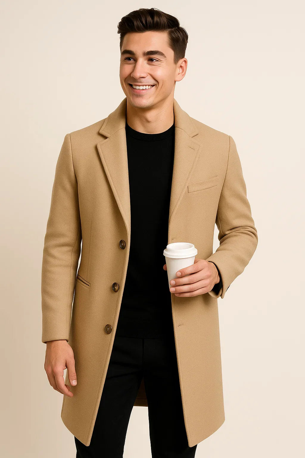 Men's Elegant Winter Long Coat - Cream