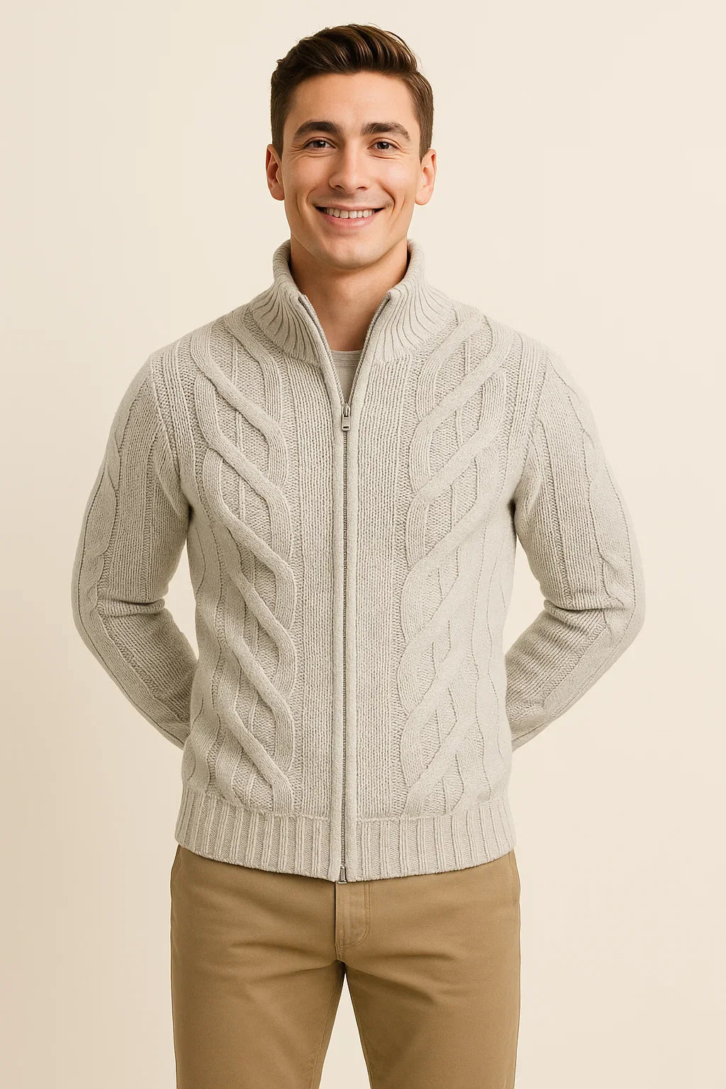 Men's Turtleneck Knitted Cardigan - White
