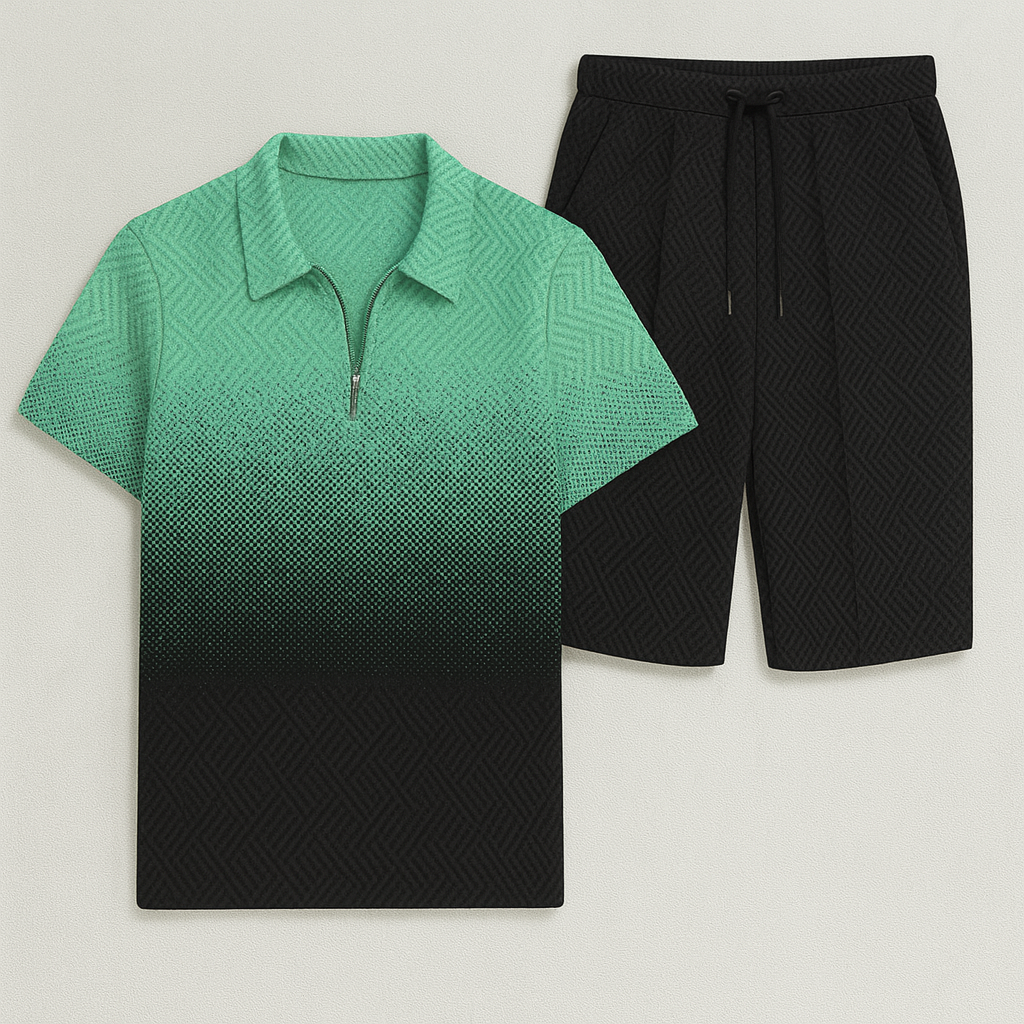 Modern Men's Casual Set with Trendy Print – Green-Black