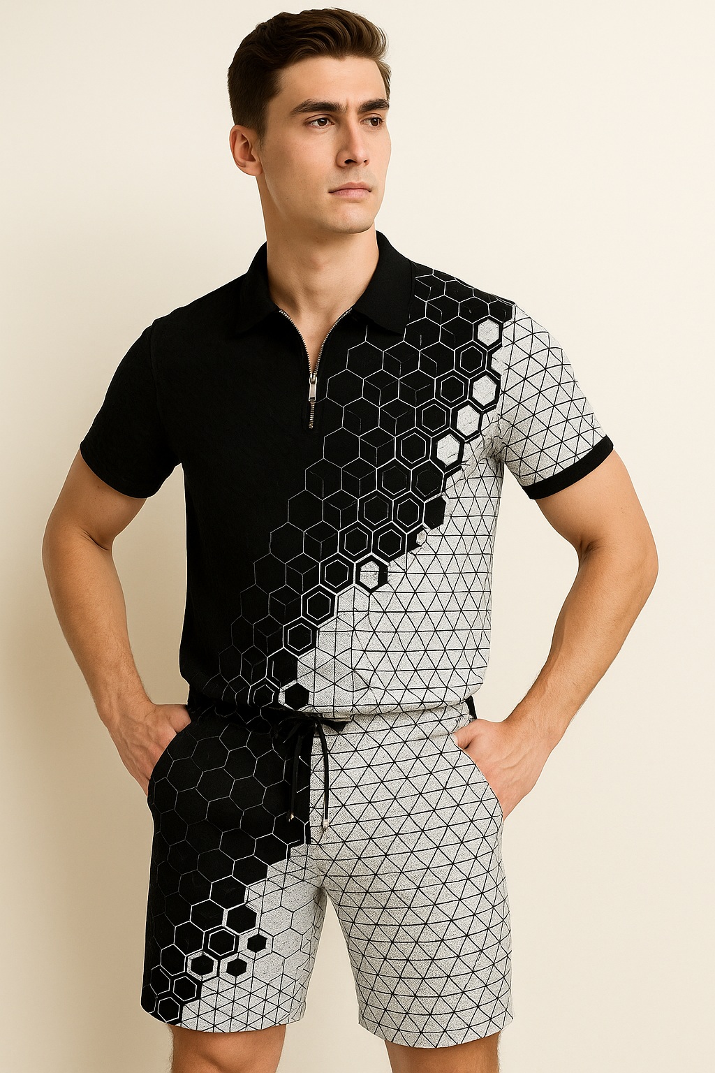 Modern Men's Casual Set with Trendy Print – Black-White