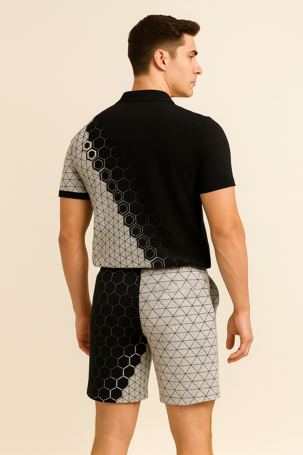 Modern Men's Casual Set with Trendy Print – Black-White