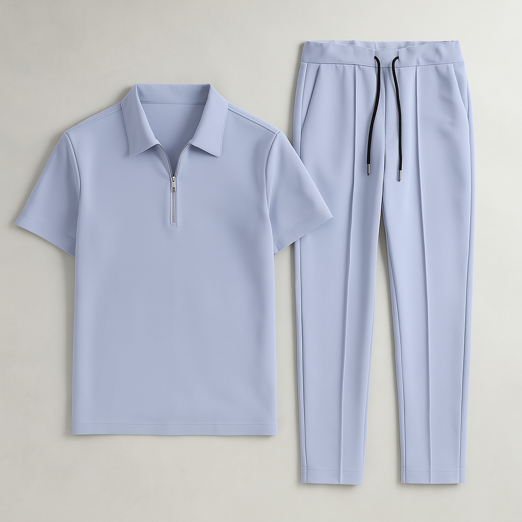 Casual Men's Polo and Trousers Set – Light Blue