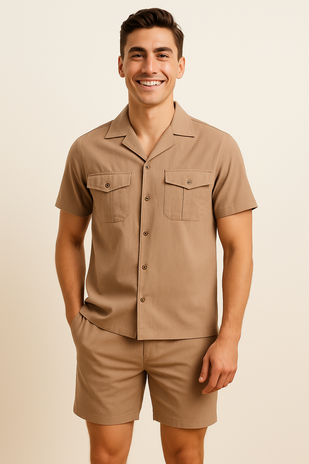 Elegant Men’s Polo & Shorts Set - Dark Khaki