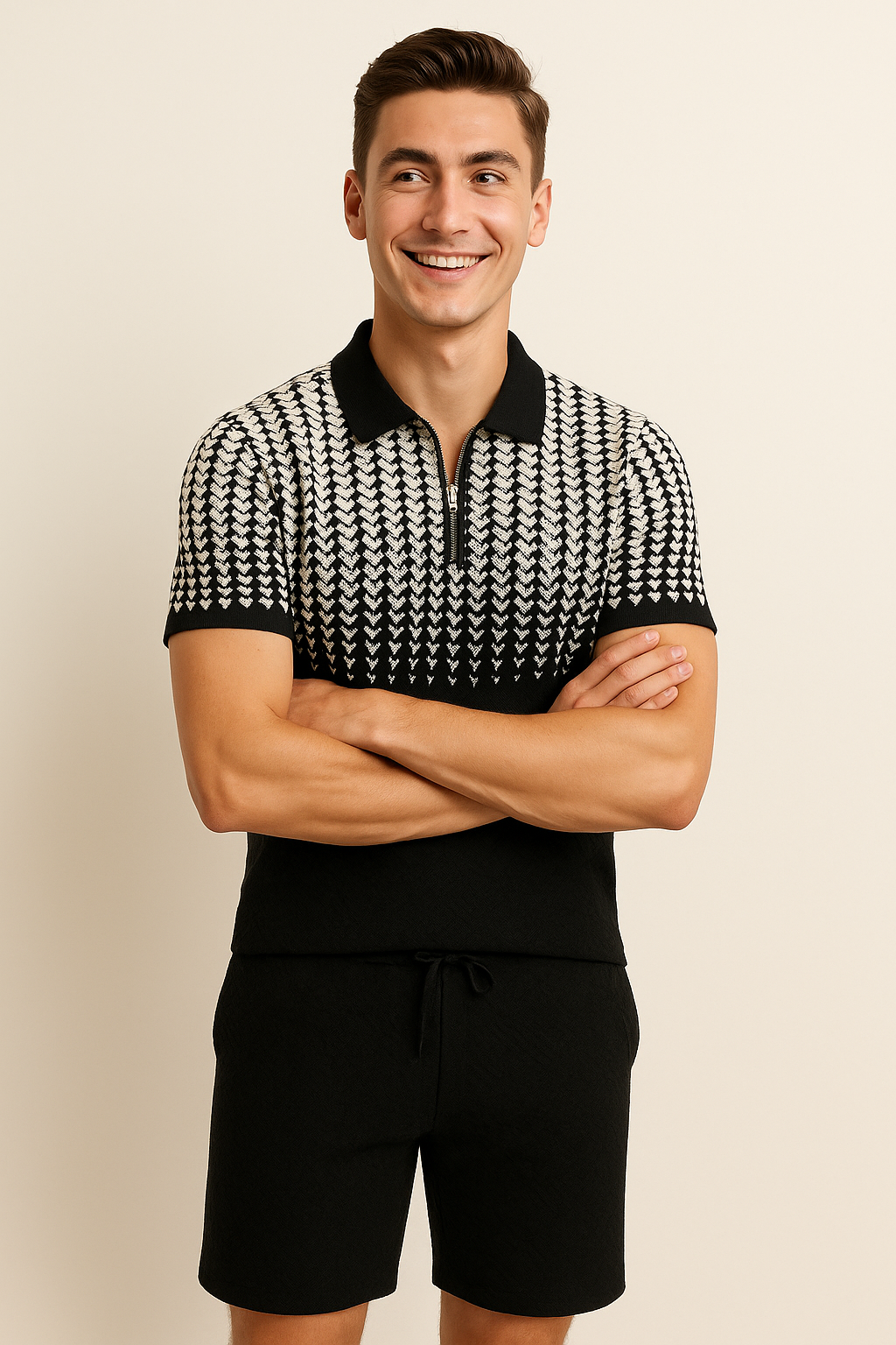 Modern Men's Casual Set with Trendy Print – White-Black