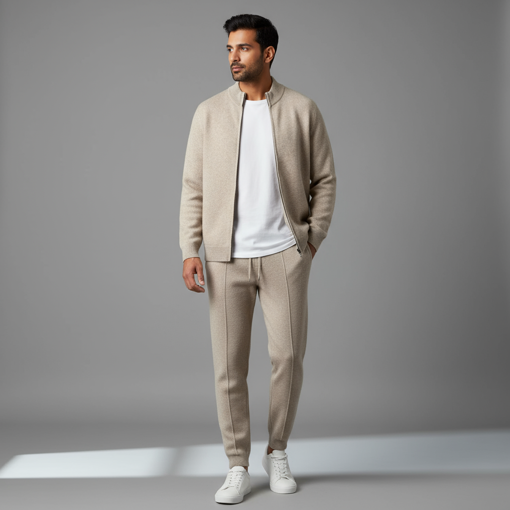 Men’s Two-Piece Set – Refined Knit Jacket & Drawstring Pants