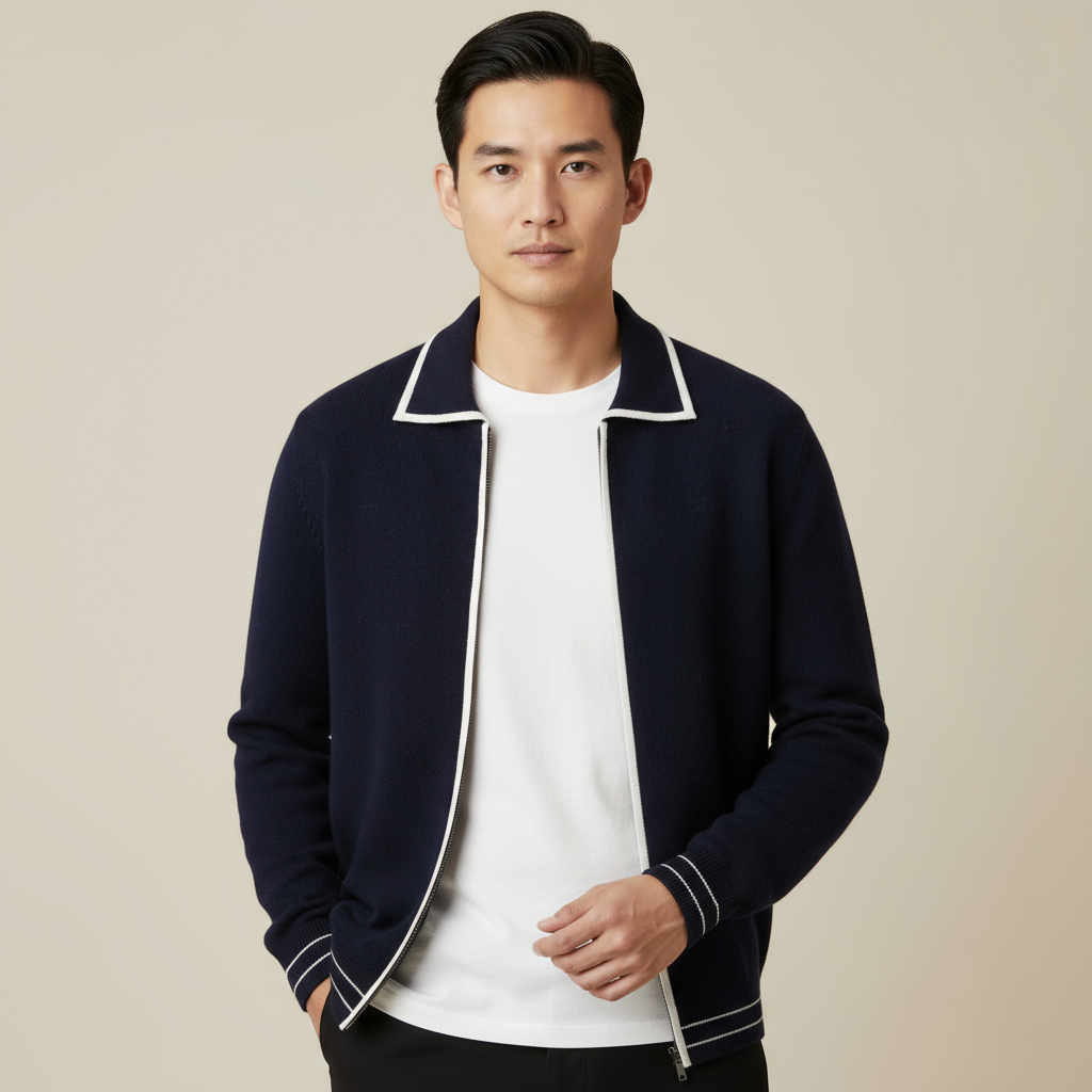 Men’s Modern Style Cardigan – Contrast Trim & Refined Zip Design